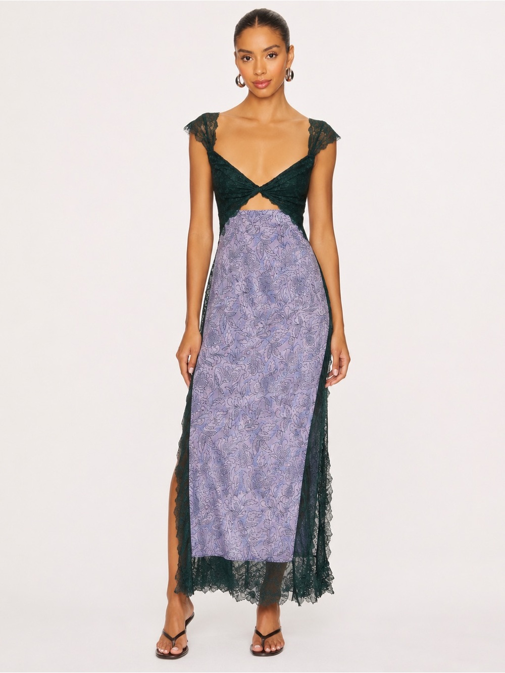 Free People Two-Tone Lace Maxi Dress in Dark Green & Lavender